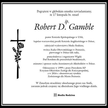 Nie żyje Robert D. Gamble